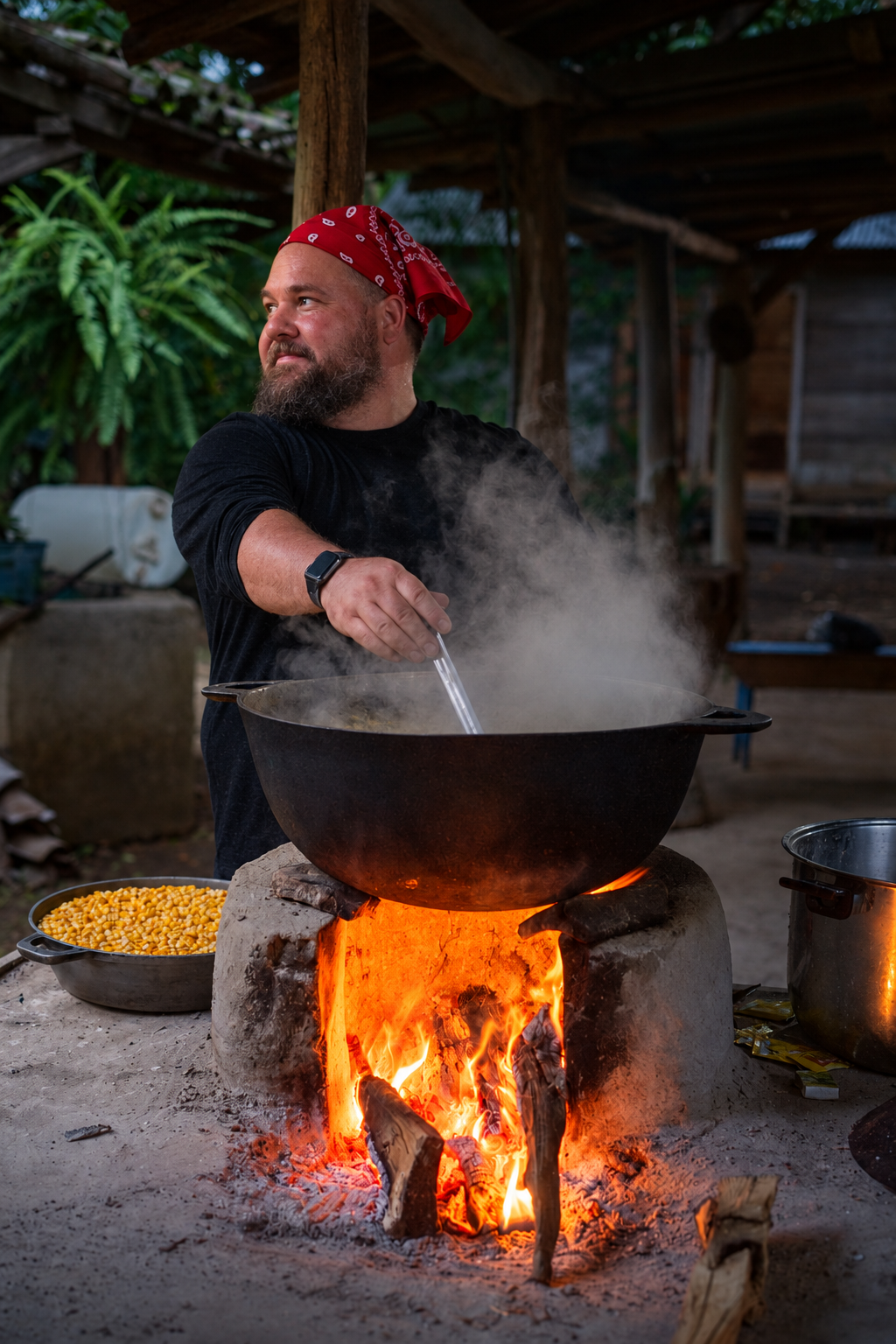 Chris Miko cooking outdoors, stirring a steaming pot over a glowing wood fire