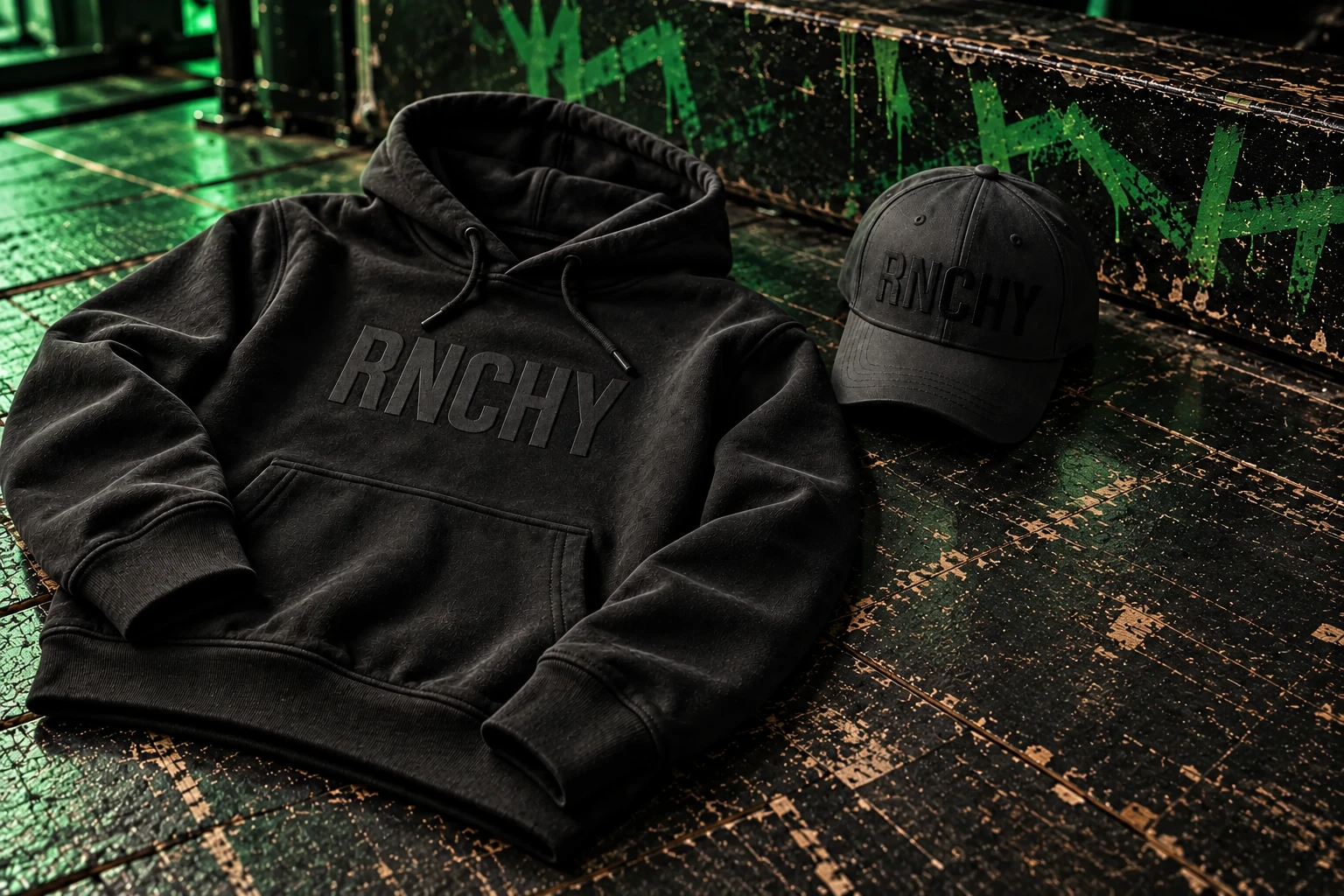 Black RNCHY hoodie and cap on a worn stage with green graffiti; product concept rendering